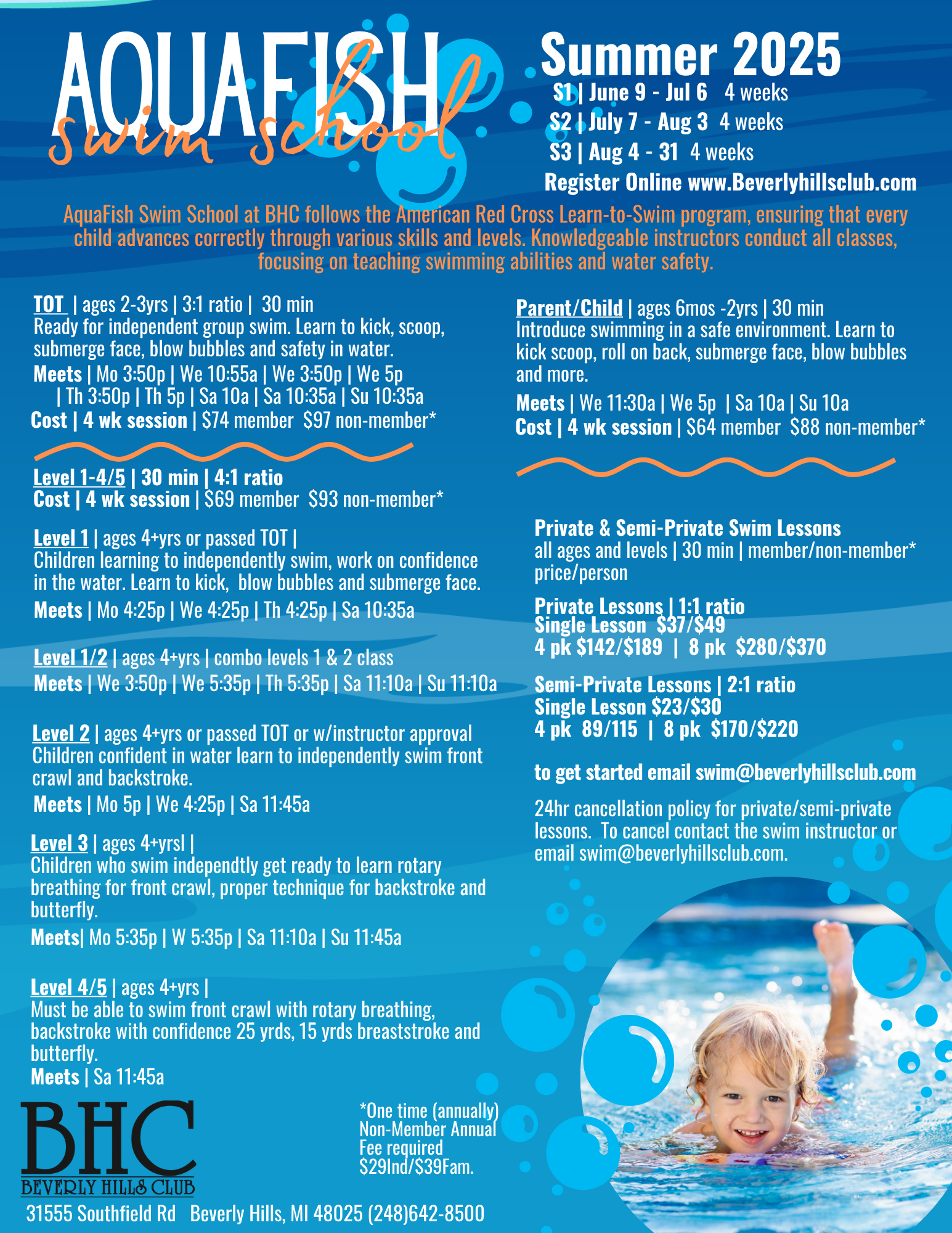 AquaFish Swim School at BHC follows the American Red Cross Learn-to-Swim program, ensuring that every child advances correctly through various skills and levels. Knowledgeable instructors conduct